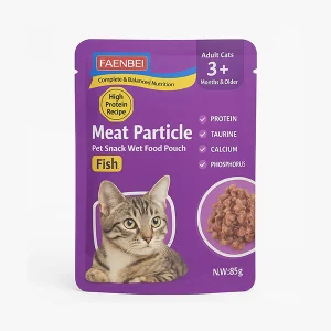 پوچ گربه بالغ FAENBEI مدل Meat Particle با طعم ماهی – 85 گرم