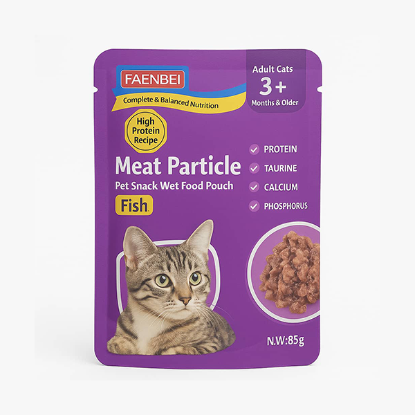 پوچ گربه بالغ FAENBEI مدل Meat Particle با طعم ماهی – 85 گرم