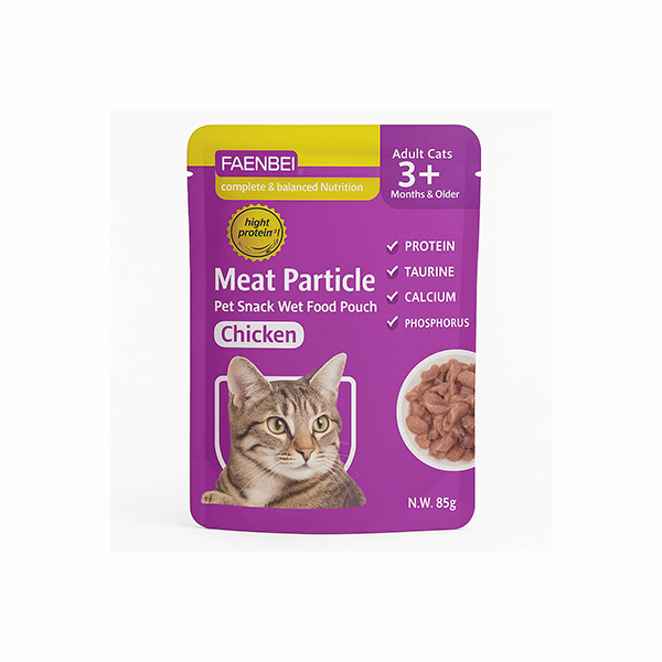 پوچ گربه بالغ FAENBEI مدل Meat Particle با طعم مرغ – 85 گرم
