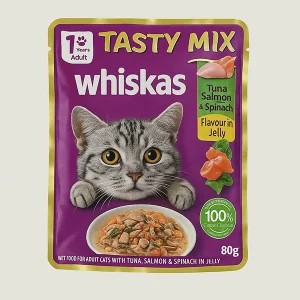 پوچ گربه ویسکاس Tasty Mix طعم تن، سالمون و اسفناج در ژله (۸۰ گرم)