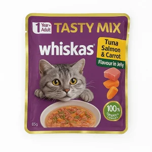 پوچ گربه ویسکاس Tasty Mix طعم تن، سالمون و هویج در سس ژله‌ای (85 گرم)