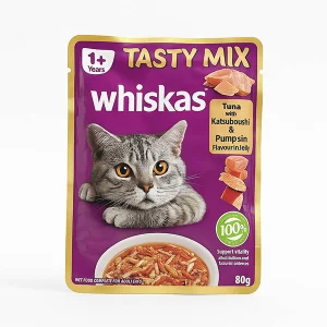 پوچ گربه ویسکاس Tasty Mix طعم تن، کاتسوبوشی و کدو حلوایی در ژله (۸۰ گرم)