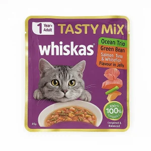 پوچ گربه ویسکاس Tasty Mix طعم سه‌گانه دریایی با لوبیا سبز (85 گرم)