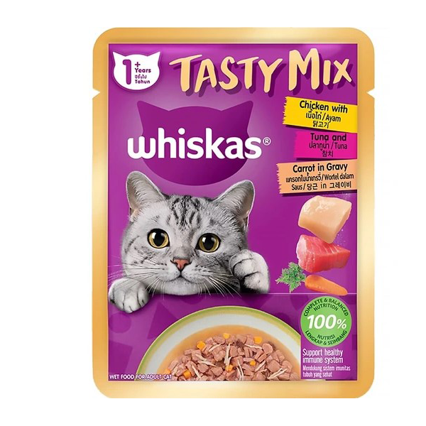پوچ گربه ویسکاس با طعم مرغ و ماهی تن و هویج وزن 80گرم