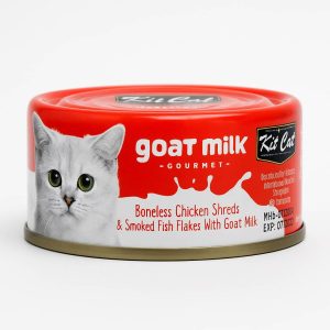 کنسرو گربه Kit Cat مدل Goat Milk طعم مرغ و ماهی دودی با شیر بز – ۷۰ گرمی